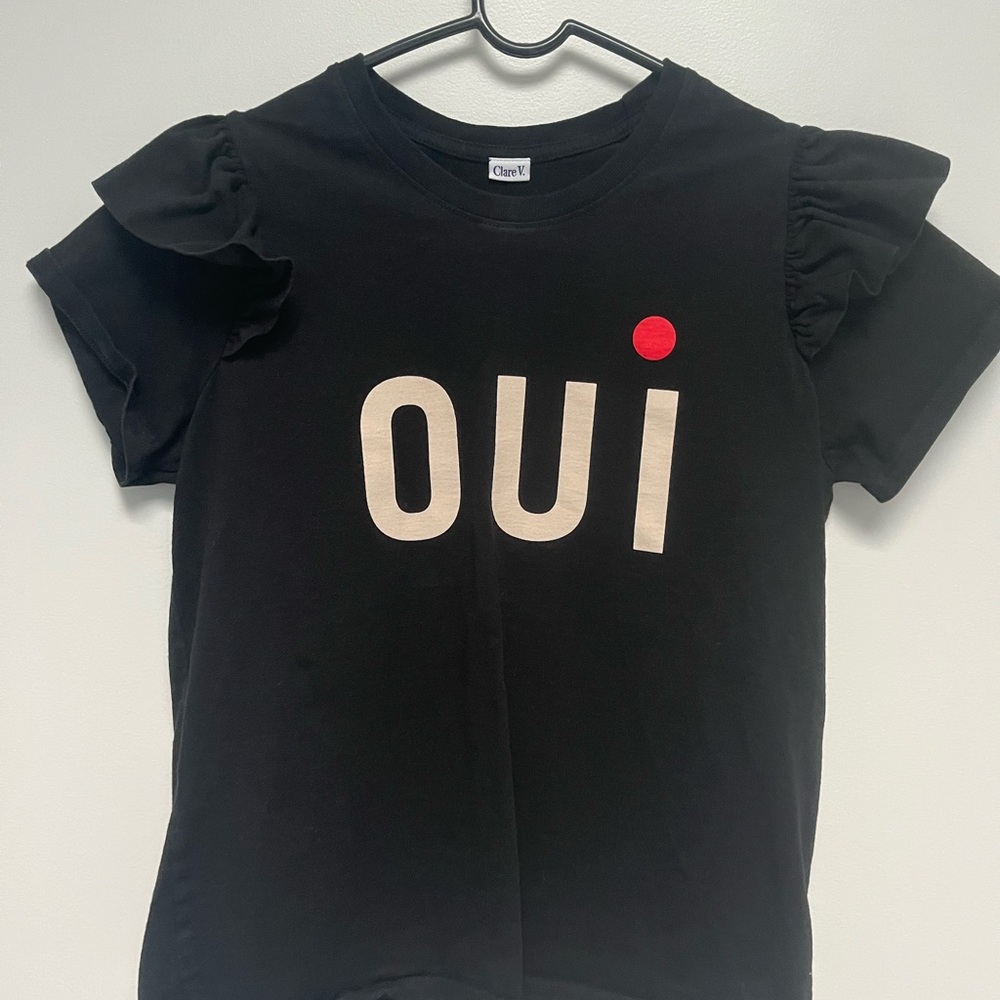 Clare V Black Tee with OUI Print and Ruffled Shoulders
